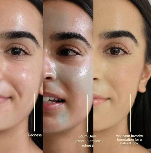 Applying green color corrector to acne